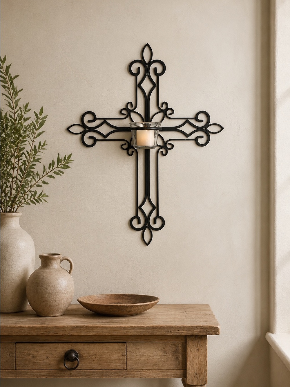 PartyLite Black Wrought Iron Cross Wall Sconce Votive Candle Holder 18” Decor